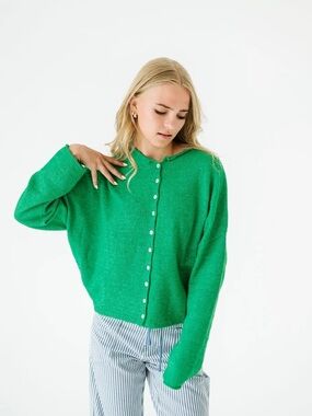 Green Button-Front Cardigan Sweater